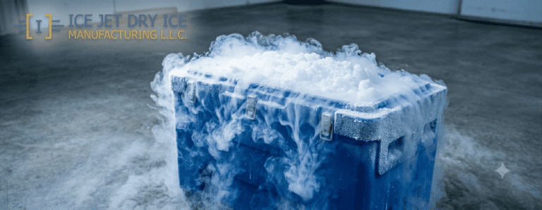 Dry ice blocks stored inside an insulated cooler box showing how long dry ice lasts for food shipping and cold chain transport in the UAE.