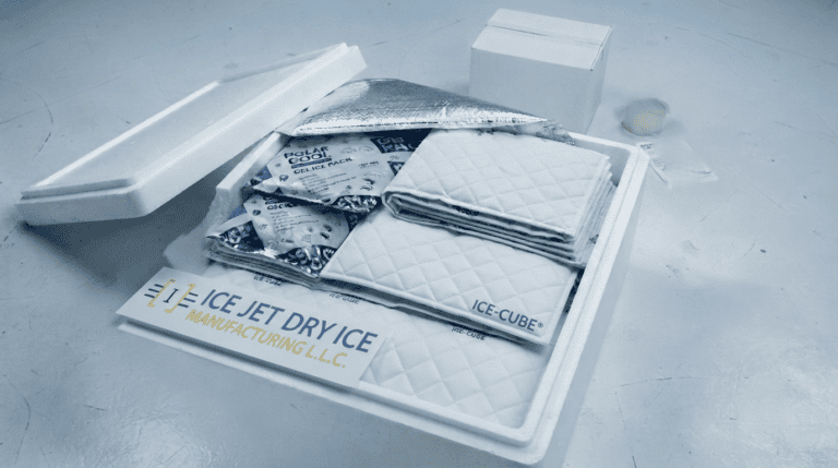 Styrofoam box paired with an ice pack sheet for cold shipping.