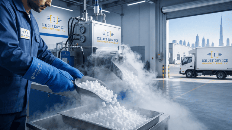 Worker scooping fresh dry ice pellets from a manufacturing machine at IceJet UAE, Dubai