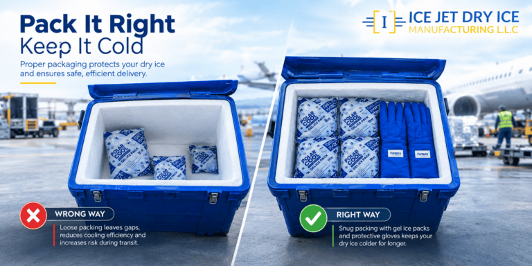 Gel ice pack packed loosely with gaps next to a properly packed cooler, showing common cold chain handling mistakes in Dubai