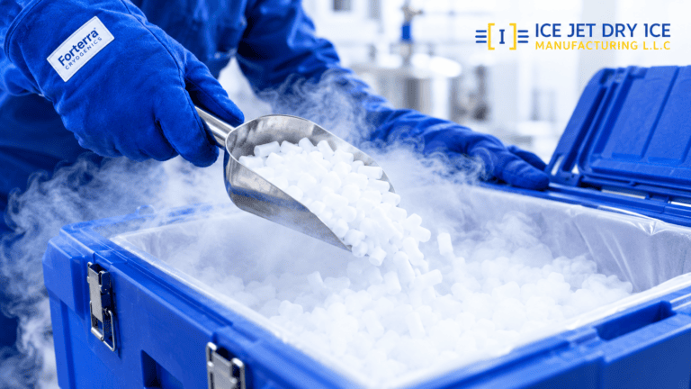 Worker wearing blue cryogenic gloves while handling dry ice pellets safely