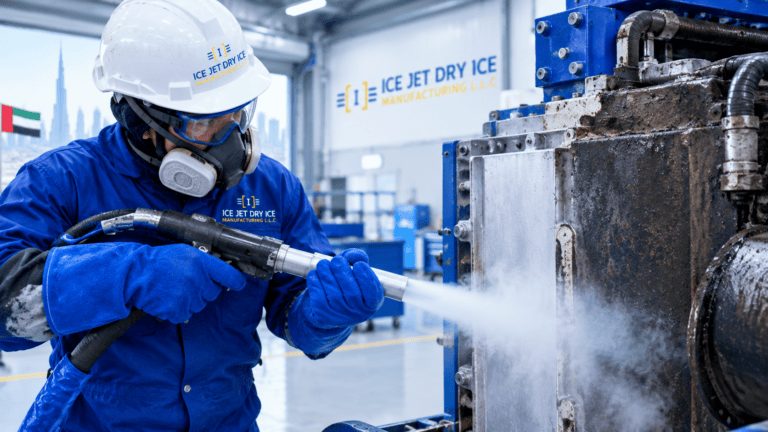 Technician dry ice cleaning an industrial machine in Dubai