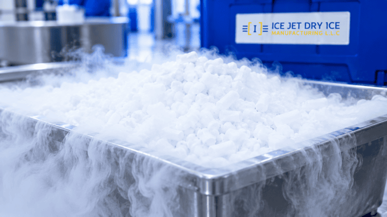 White dry ice pellets releasing CO2 vapor in a stainless steel tray